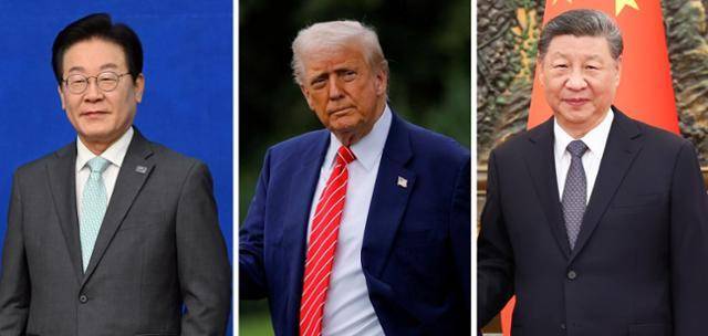 이재명(왼쪽부터) 대통령과 도널드 트럼프 미국 대통령, 시진핑 중국 국가주석. 트럼프 대통령은 29, 30일 방한을 계기로 한국 및 중국 정상과 연쇄 회동할 예정이다. 로이터·EPA 연합뉴스 자료사진