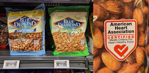 미국 월마트에서 판매되는 아몬드. 제품 오른쪽 하단에서 미국심장협회(AHA)가 부여한 ‘Heart-Check Food Certification(심장 건강 인증 식품)’ 마크를 확인할 수 있다./사진=이해림 기자