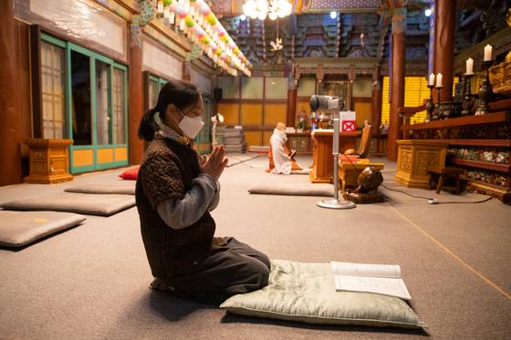 A Buddhist practitioner prays at Baekyang Temple in Jangseong County, South Jeolla. [JOONGANG ILBO]