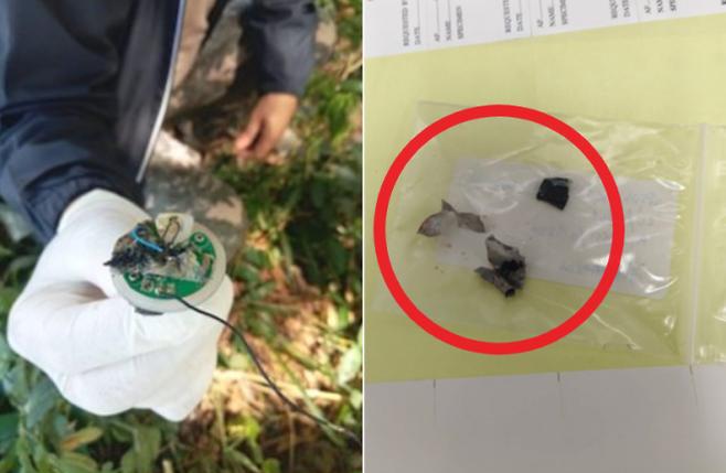 지난 18일(현지시간) 태국 농부아람푸주 무앙 지역에서 낚시하던 40대 남성이 전자담배 배터리 폭발로 숨지는 사고가 발생했다. 사진은 남성 시신에서 나온 폭발한 전자담배 파편(오른쪽)과 사망 현장에서 발견된 전자담배 장치 일부. 태국 농부아람푸시 경찰서 제공