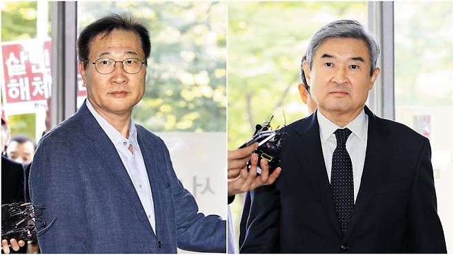 24일 오전 박성재 전 법무부 장관이 서울 서초구 해병 특검 사무실에 출석하고 있다(왼쪽 사진). 박 전 장관은 이종섭 전 국방부 장관의 호주 도피를 도왔다는 혐의를 받고 있다. 오른쪽 사진은 같은 날 조태용 전 국가안보실장이 해병 특검 사무실에 출석하고 있는 모습./뉴스1·뉴시스