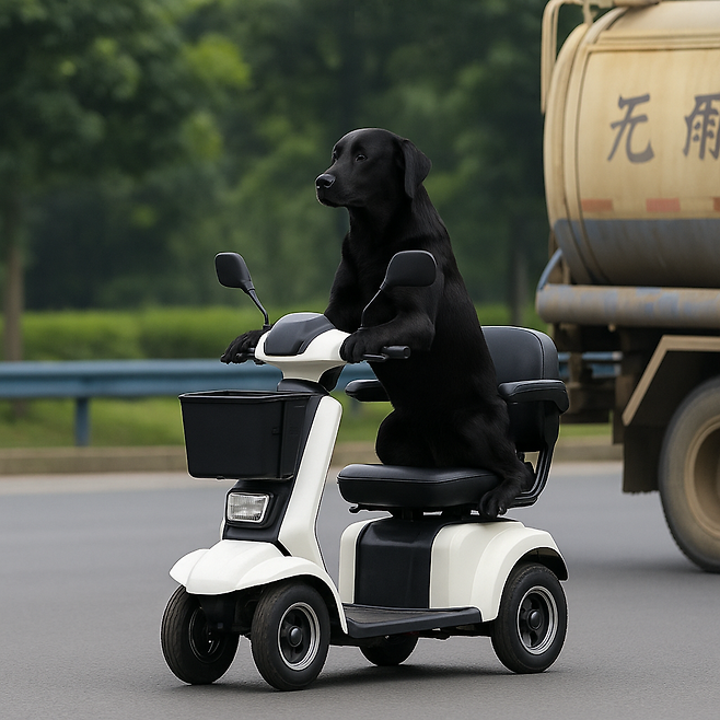 중국 쓰촨성에서 래브라도 리트리버가 전동 스쿠터를 몰고 도로를 달리는 영상이 확산됐다. 천재견이라 놀라는 한편, 공공안전 우려도 제기됐다.  사진=ChatGPT 제작 이미지