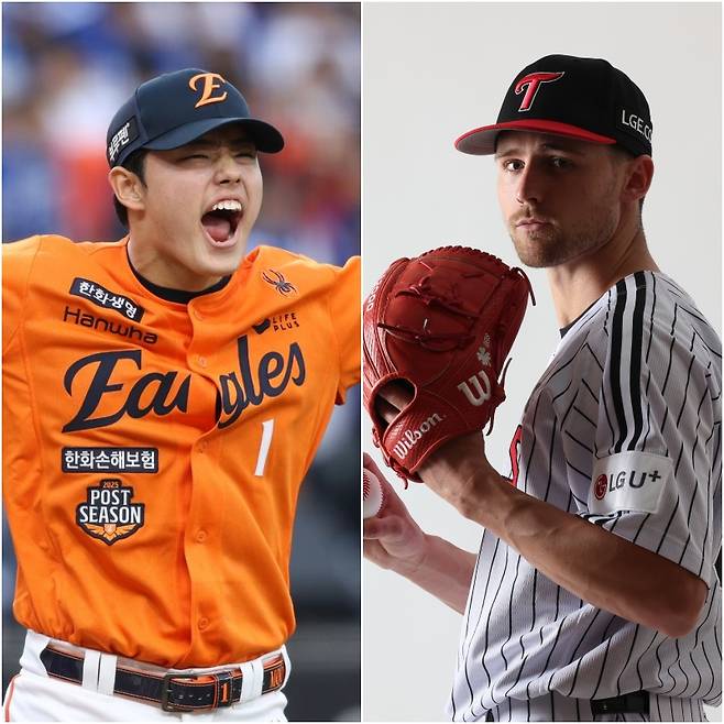 KS 1차전에서 선발 맞대결을 펼치는 한화 문동주(왼쪽)와 LG 톨허스트. 사진=구단 제공