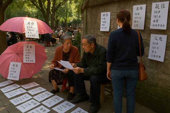 중국의 부모들이 자녀의 배우자 감을 대신 찾아 나서는 결혼 장터인 '샹친자오(相亲角)'. 사진 챗gpt