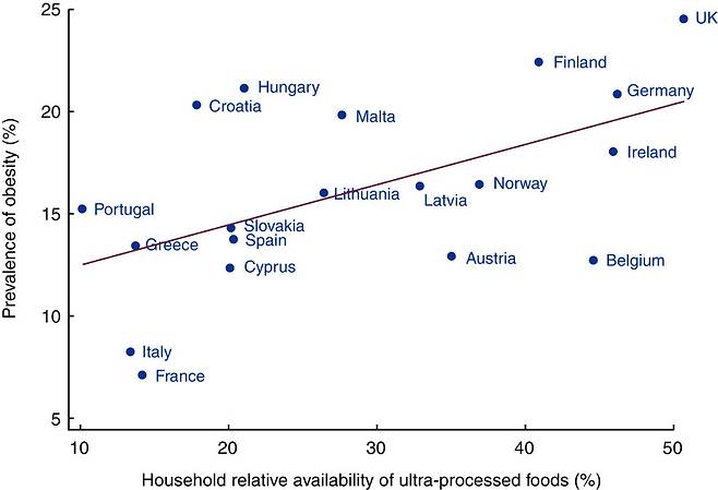 카를로스 아우구스토 몬테리오 외, ‘초가공식품의 유럽 19개국 가정 내 보관 비율과 비만’ 연구(2017).