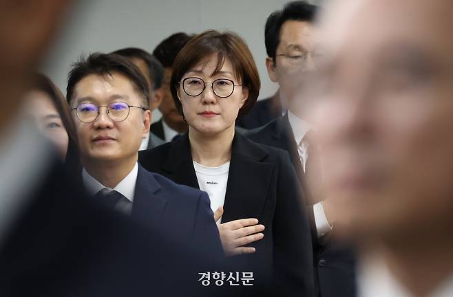 김현지 대통령실 제1부속실장이 지난 10월 13일 서울 용산 대통령실 청사에서 열리는 수석보좌관 회의에 참석하고 있다. 김창길 기자