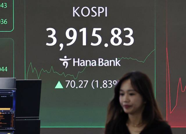 24일 오전 서울 중구 하나은행 본점 딜링룸 전광판에 코스피 지수가 나타나고 있다. 이날 코스피는 개장 직후 3900선을 재돌파하면서 장중 사상 최고치를 또 경신했다. 뉴스1