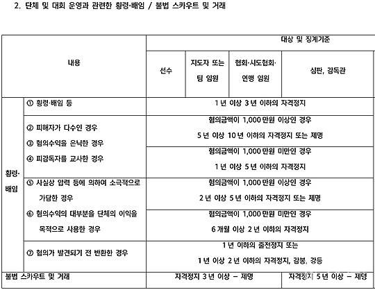 대한축구협회 공정위원회 규정 중 유형별 징계 기준 내용(사진=더게이트)