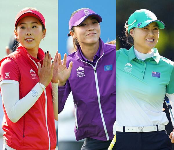 미국여자프로골프(LPGA) 투어 '국가 대항전' 2025 한화 라이프플러스 인터내셔널 크라운 4강에 진출한 노예림(미국), 리디아 고(월드팀), 이민지(호주) 프로가 경기하는 모습이다. 사진제공=LPGA (사진을 무단으로 사용하지 마십시오.)