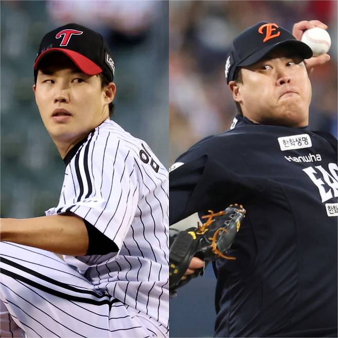 27일 열리는 한국시리즈 2차전에 선발 투수로 나서는 임찬규(왼쪽)과 류현진. IS포