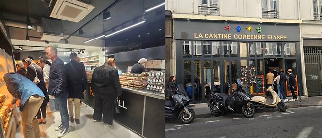 한국 식료품점인 'K-마트'에서 점심식사를 고르는 현지인들의 모습(왼쪽)과 점심시간 고객이 몰린 한식당 '서울매점'의 모습/사진=조한송 기자