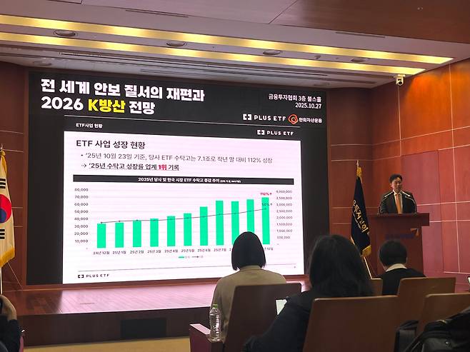 최영진 한화자산운용 최고마케팅책임자(CMO)가 '전 세계 안보질서의 재편과 2026 K 방산 전망'으로 발표하고 있다./ 조은서 기자