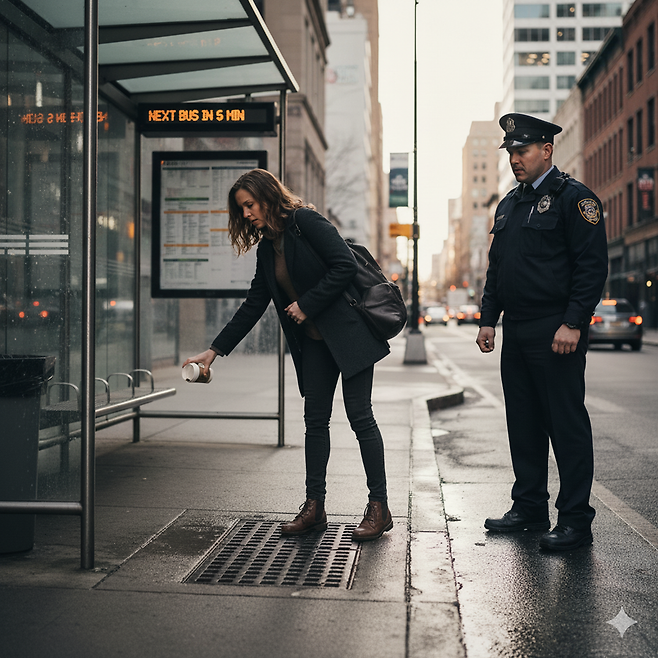 영국 런던의 한 여성이 버스 타기 전 남은 커피를 배수구에 버렸다가 150파운드(약 30만 원) 벌금을 부과받았다. 여론 반발 끝에 지방의회가 과태료를 취소했다. 구글 gemini로 표현한 이미지.