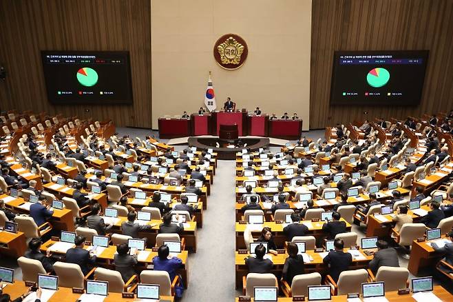 26일 오후 서울 여의도 국회 본회의장에서 열린 제429회 국회(정기회) 제10차 본회의에서 근로자의 날 제정에 관한 법률 전부개정법률안(대안)이 가결되고 있다. 2025.10.26. /사진=뉴시스