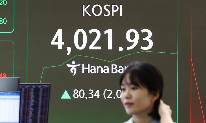 하나은행 딜링룸 현황판에 코스피 지수가 표시되어 있다. 연합뉴스