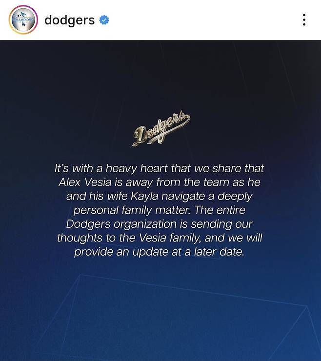 알렉스 베시아의 월드시리즈 엔트리 제외를 알린 로스앤젤레스(LA) 다저스 공식 인스타그램. LA 다저스 SNS 갈무리