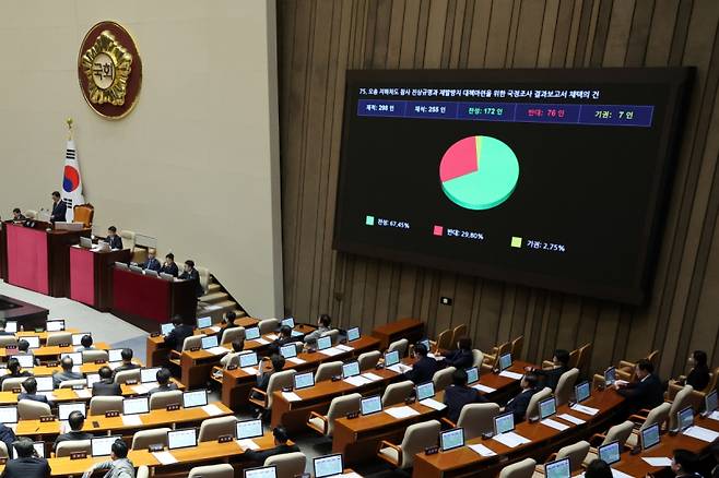 26일 국회 본회의에서 오송 지하차도 참사 진상규명과 재발방지 대책마련을 위한 국정조사 결과보고서 채택의 건이 여야 합의를 이루지 못한 채 통과되고 있다. 연합뉴스