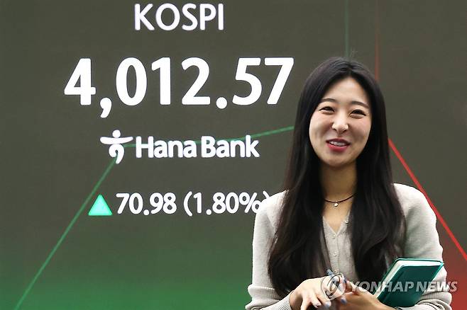 4,000 돌파한 코스피 (서울=연합뉴스) 진연수 기자 = 코스피가 사상 처음으로 4,000선을 돌파한 27일 서울 중구 하나은행 딜링룸에서 직원이 업무를 보고 있다. 이날 코스피는 전장보다 58.20포인트(1.48%) 오른 3,999.79로 출발해 상승폭을 키우다 사상 처음으로 4,000선을 돌파했다. 2025.10.27 jin90@yna.co.kr