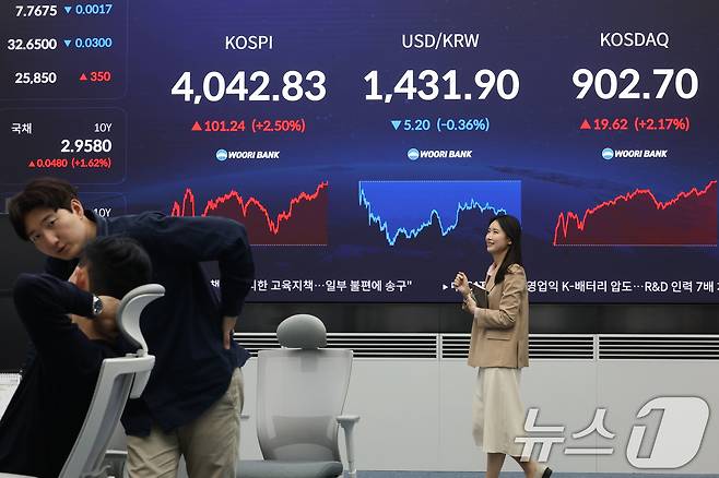 27일 오후 서울 중구 우리은행 본점 딜링룸 전광판에 종가가 표시되고 있다. 2025.10.27/뉴스1 ⓒ News1 이광호 기자