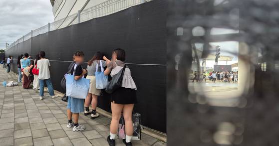 지난달 13일 인천 아시아드 주경기장서 열린 아이돌그룹 ‘세븐틴’ 콘서트에서도 500여명의 겉돌족이 구름처럼 몰려들었다. 주최측이 검정색 가림천으로 공연장 펜스 사이의 시야를 가리자, 팬들은 가림천 구멍 사이로 카메라나 한쪽 눈을 들이밀었다(왼쪽). 오른쪽은 구멍으로 보이는 공연장 안쪽 모습. 오소영 기자