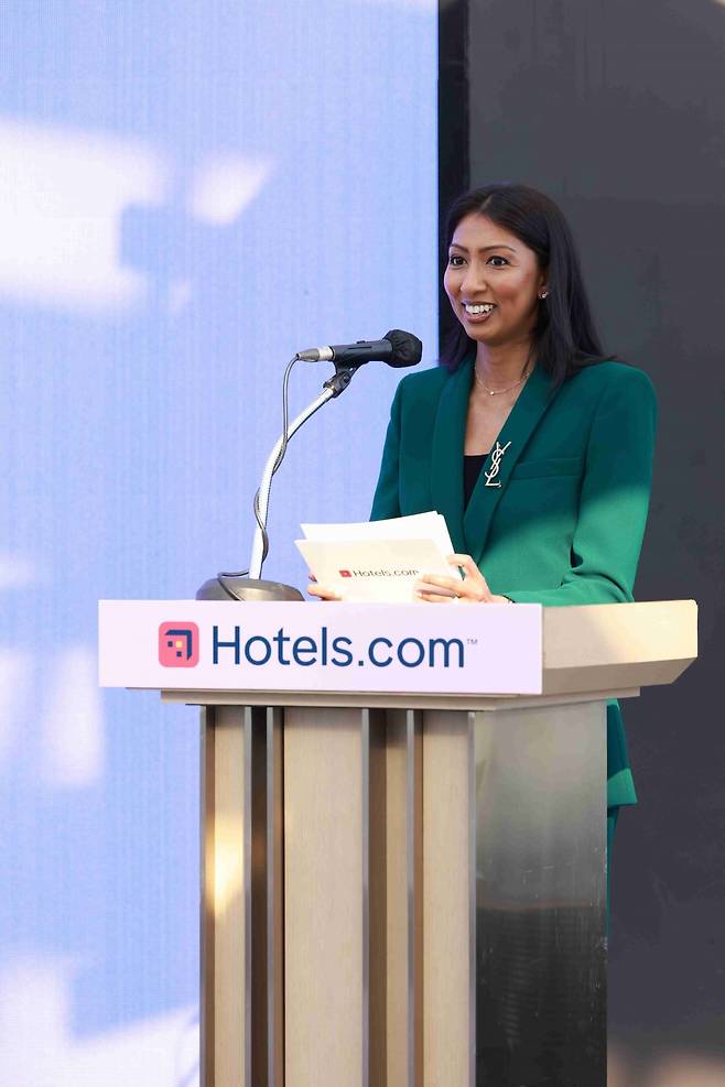 28일 서울 풀만 앰배서더 호텔에서 열린 기자 간담회에 참석한 라비니아 라자람 익스피디아 그룹 글로벌 브랜드 커뮤니케이션 아시아 지역 PR 디렉터. 사진=호텔스닷컴