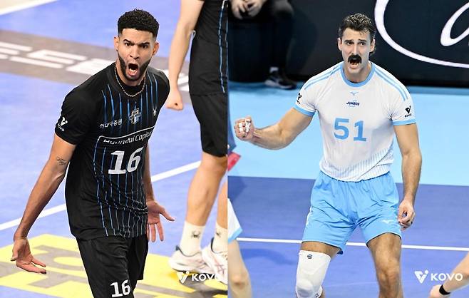 현대캐피탈의 레오(왼쪽)와 대한항공의 러셀 [한국배구연맹 제공. 재판매 및 DB 금지]