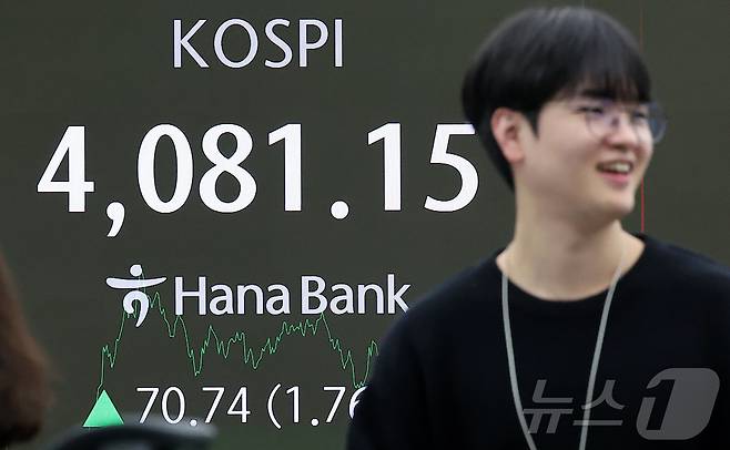 코스피 지수가 4080선을 돌파하며 종가 기준 최고치를 경신한 29일 오후 오후 서울 중구 하나은행 본점 딜링룸 전광판에 종가가 표시되고 있다. 이날 코스피는 전 거래일 대비 70.74포인트(1.76%) 상승한 4081.15로 장을 마쳤다. 2025.10.29/뉴스1 ⓒ News1 김진환 기자