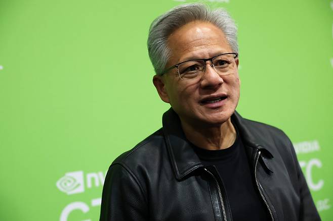 Nvidia President and CEO Jensen Huang speaks to the media during the Nvidia GPU Technology Conference (GTC) at the Walter E. Washington Convention Center on Oct. 28 in Washington, D.C. [GETTY IMAGES/YONHAP]