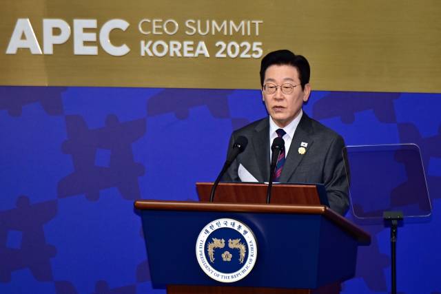 ▲이재명 대통령이 29일 경북 경주예술의전당에서 열린 'APEC CEO(최고경영자) 서밋' 개회식에서 특별연설을 하고 있다. ⓒ연합뉴스