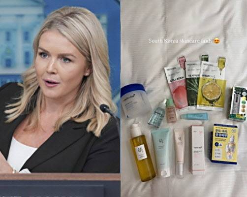 캐롤라인 레빗 백악관 대변인(왼쪽)이 SNS에 올린 ‘한국 화장품 구매 인증 사진’ (사진=연합뉴스, SNS)