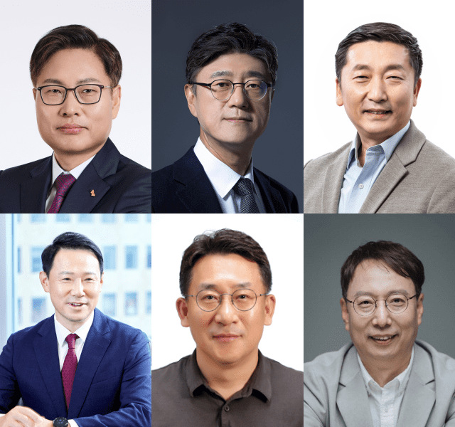 사진왼쪽부터 시계방향으로 강동수 SK 사장, 정재헌 SK텔레콤 사장, 이용욱 SK온 사장, 송창록 SK 머티리얼즈 사장, 김영식 SK하이닉스 사장, 김종우 SKC 사장 (사진=SK그룹)