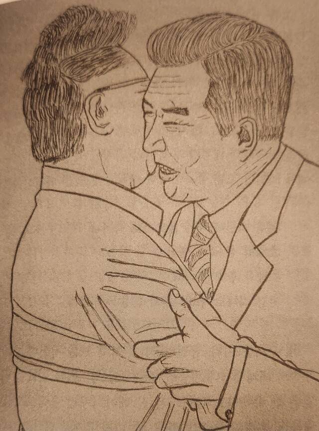 소설집 ‘오르페우스는 죽지 않았다’를 펴낸 김준태 시인의 아내 이명숙씨가 그린 김대중 전 대통령과 김정일 국방위원장의 포옹 그림. 김준태 시인 제공