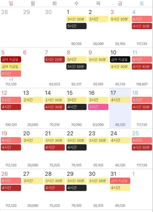 정혜경 의원실에서 파악한 한 청년 노동자의 한 달 아르바이트 일정표. 하루에 여러 매장을 돌아다니며 초단시간 근로를 하고 있었다. 이처럼 인건비를 아끼기 위해 민간에서 확산된 초단시간 근로가 지방자치단체에서도 횡행하는 것으로 나타났다. 정혜경 의원실 제공