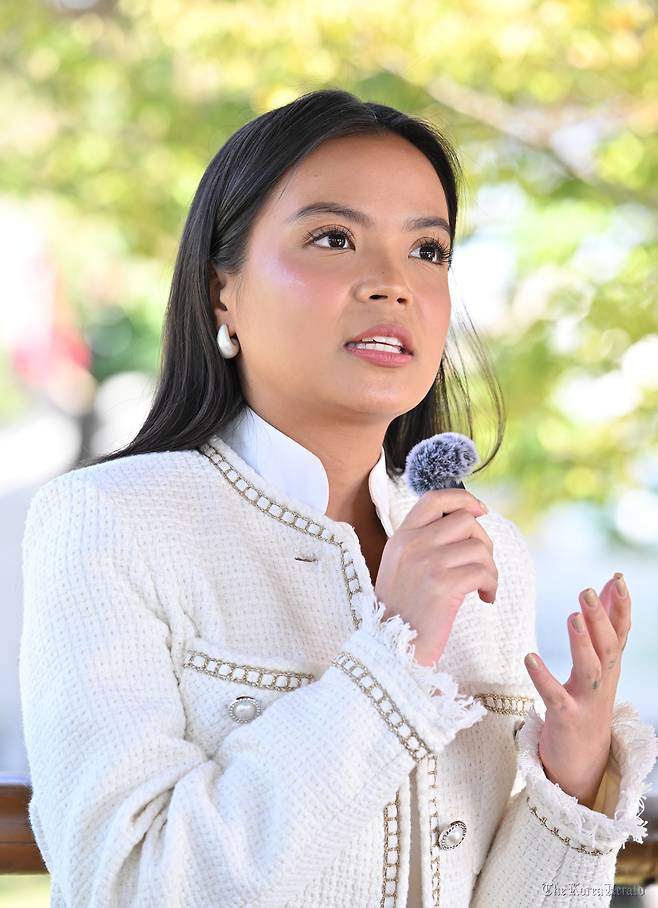 Singer Ryssi Avila, a single mother and TikTok creator from the Philippines, talks during her interview with The Korea Herald at Gyeongju Arts Center in Gyeongju on Wednesday. (Im Se-jun/The Korea Herald).