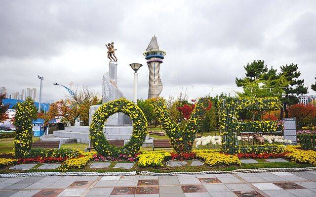 청초호유원지 분수광장에 국화로 장식된 'LOVE'.