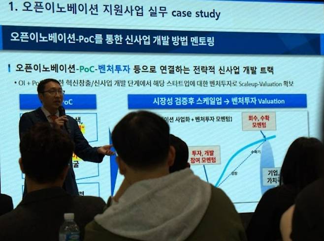 29일 서울 강남구 서울창업허브 스케일업센터애서 '서울 오픈이노베이션 커넥트 데이'가 열렸다. 진형석 무역헙회 박사의 발표/사진=SBA