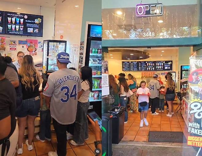 k-라면 전문점 ‘슬러프앤십’을 찾은 고객이 주문대 앞에서 줄을 서고 있다.  [SNS 캡처]