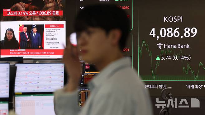 [서울=뉴시스] 권창회 기자 = 30일 오후 서울 중구 하나은행 딜링룸에서 미중 정상회담 관련 뉴스가 나오고 있다.코스피가 전 거래일보다 5.74포인트(0.14%) 상승한 4086.89에 마감했다. 코스닥 지수는 전 거래일보다 10.73포인트(1.19%) 떨어진 890.86, 원·달러 환율은 전 거래일 주간거래 종가보다 5.2원 내린 1426.5원에 마감했다. 2025.10.30. kch0523@newsis.com
