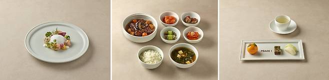 대통령실이 지난 29일 경주에서 진행된 한미 정상회담 오찬에 트럼프 대통령을 위해 전국 각지의 특산물을 식재료로 퓨전한식 음식을 마련했다. 왼쪽부터 메뉴명은 뉴욕 성공스토리를 추억하며 우리 해산물과 뉴욕 사우전드아일랜드 드레싱의 만남, 한국의 자연과 정성을 담은 갈비찜 반상, 피스메이커를 위한 디저트. 대통령실 제공