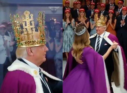 금관을 쓴 채 멜라니아 여사와 춤을 추는 도널드 트럼프 미국 대통령의 합성 이미지. SNS 갈무리