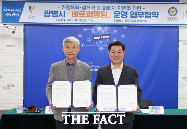 박승원 광명시장(오른쪽)과 양동재 광명경찰서장이 가정·성폭력 피해자 지원 업무협약을 체결하고 있다. /광명시