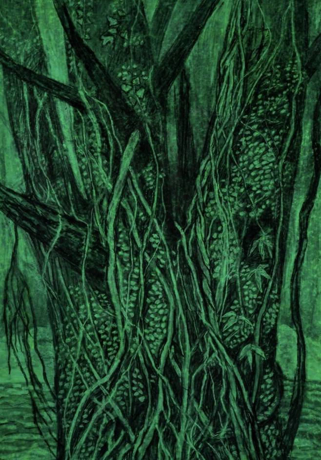 허윤희 作 ‘개가시나무는 살아있다 2’ (2025, Acrylic and charcoal on paper, 214×150cm. 대구미술관 제공)