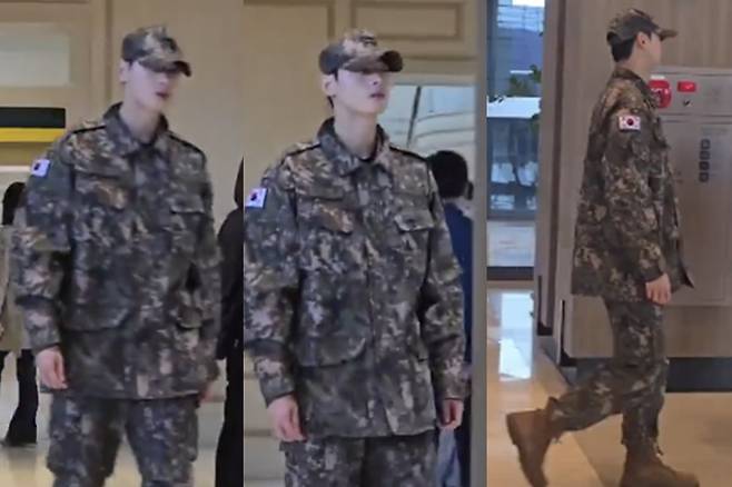 Screenshots from a viral video show Astro’s Cha Eun-woo, who is currently serving in the military, walking through a hotel in Gyeongju where an APEC event was held Friday. (X)