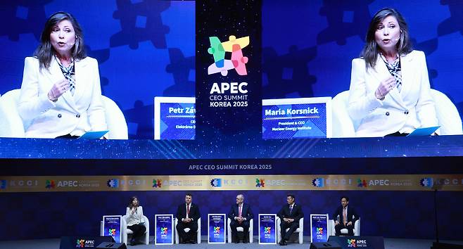 Maria Korsnick, president and CEO of the Nuclear Energy Institute, speaks during a panel discussion at the APEC CEO Summit Korea 2025 in Gyeongju, North Gyeongsang Province on Friday. From left: Korsnick, Petr Zavodsky, CEO of Dukovany II; Christopher Levesque, CEO of TerraPower; Gavin Liu, president of Westinghouse Asia; and Jean-Luc Palayer, CEO of Orano USA. (Im Se-jun/The Korea Herald)