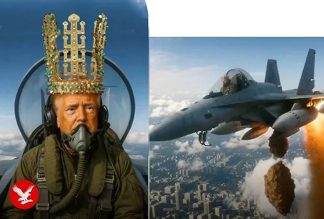 금관을 쓴 트럼프가 전투기를 몰며 시위대를 향해 오물을 투척하고 있다. [레딧 캡처]