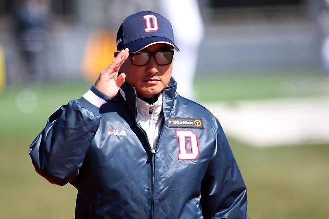 두산 코치 시절, 정재훈 투수코치의 모습. /사진=두산 베어스 제공