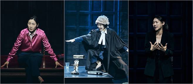 연극 <프리마 파시>에서 전혀 다른 해석의 저항과 버티기를 보여준 테사 역의 이자람, 김신록, 차지연(왼쪽부터). 쇼노트 제공