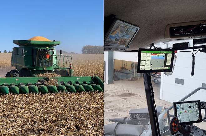 옥수수를 수확하는 수확기와 수확기 내부에 뜨는 정보, 옥수수 수분량과 토지 수분량, 수확량은 물론 카메라 상황도 살필 수 있다. 이는 앱으로도 확인이 가능하다./ 안소영 기자