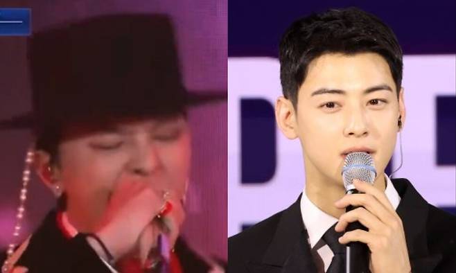 가수 지드래곤이 지난달 31일 경북 경주시 라한셀렉트호텔에서 열린 2025 아시아태평양경제협력체(APEC) 정상회의 환영 만찬에서 갓을 쓰고 공연을 펼치고 있다. 이날 사회를 가수 겸 배우 차은우. 유튜브 갈무리, 연합뉴스