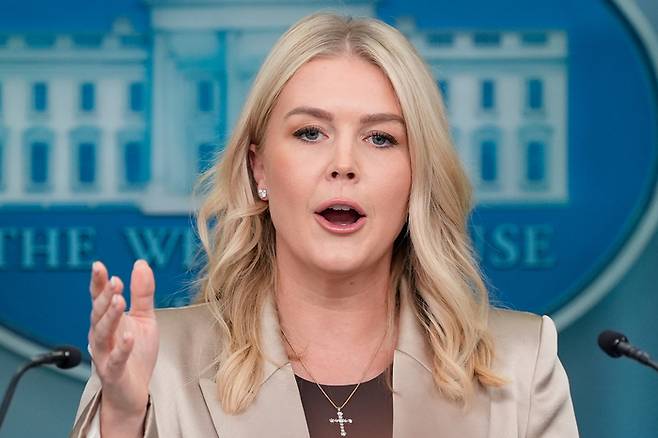 미국 최연소 백악관 대변인 캐롤라인 레빗이 최근 본인 SNS에 올린 K뷰티 인증샷이 화제다. 사진은 올해 10월 초 백악관에서 브리핑 중인 레빗 대변인. (AP 연합뉴스)